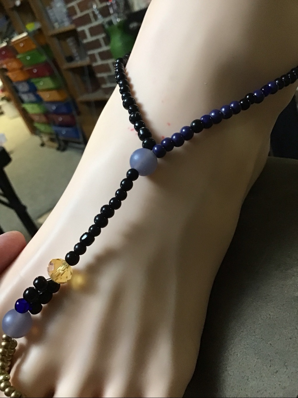 BAREFOOT SANDALS - gold beads around the toe, black & lavender for the rest.